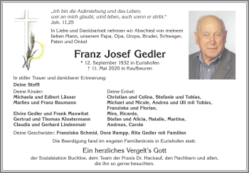 Traueranzeige von Franz Josef Gedler von Allgäuer Zeitung, Kaufbeuren/Buchloe