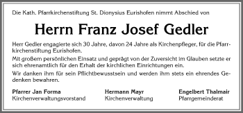 Traueranzeige von Franz Josef Gedler von Allgäuer Zeitung, Kaufbeuren/Buchloe