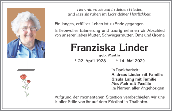 Traueranzeige von Franziska Linder von Allgäuer Zeitung, Marktoberdorf