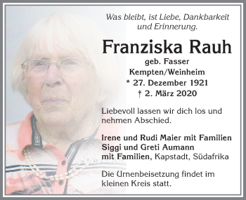 Traueranzeige von Franziska Rauh von Allgäuer Zeitung,Kempten