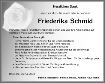 Traueranzeige von Friederika Schmid von Allgäuer Zeitung, Kaufbeuren/Buchloe
