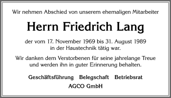 Traueranzeige von Friedrich Lang von Allgäuer Zeitung, Marktoberdorf