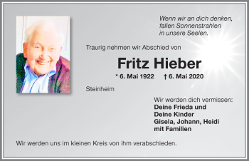 Traueranzeige von Fritz Hieber von Memminger Zeitung