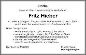 Traueranzeige von Fritz Hieber von Memminger Zeitung