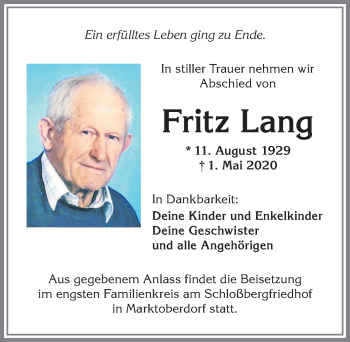 Traueranzeige von Fritz Lang von Allgäuer Zeitung, Marktoberdorf