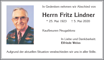 Traueranzeige von Fritz Lindner von Allgäuer Zeitung, Kaufbeuren/Buchloe
