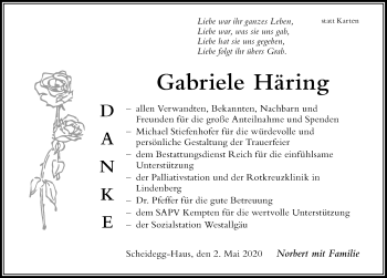 Traueranzeige von Gabriele Häring von Der Westallgäuer