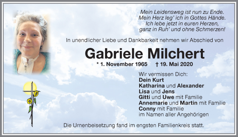  Traueranzeige für Gabriele Milchert vom 30.05.2020 aus Memminger Zeitung