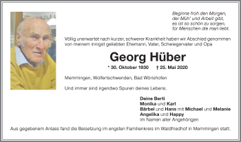 Traueranzeige von Georg Hüber von Memminger Zeitung