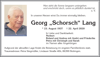 Traueranzeige von Georg Lang von Allgäuer Anzeigeblatt