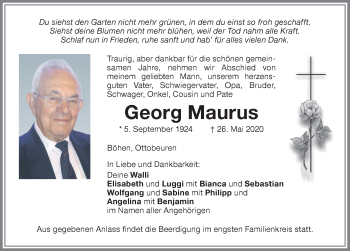 Traueranzeige von Georg Maurus von Memminger Zeitung