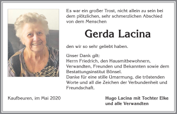 Traueranzeige von Gerda Lacina von Allgäuer Zeitung, Kaufbeuren/Buchloe