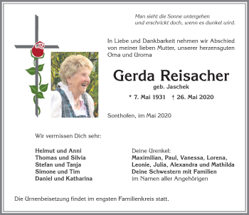 Traueranzeige von Gerda Reisacher von Allgäuer Anzeigeblatt