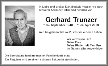 Traueranzeige von Gerhard Trunzer von Allgäuer Zeitung,Kempten