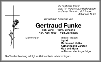 Traueranzeige von Gertraud Funke von Memminger Zeitung