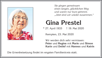 Traueranzeige von Gina Prestel von Allgäuer Zeitung,Kempten