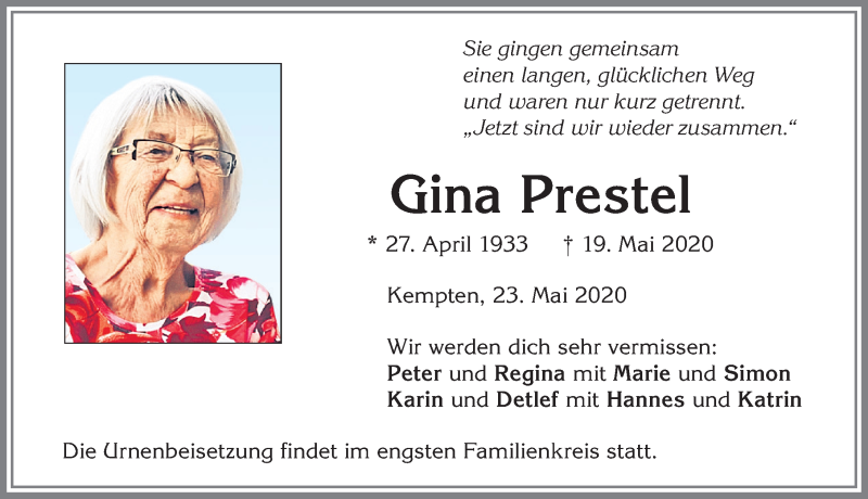 Traueranzeige für Gina Prestel vom 23.05.2020 aus Allgäuer Zeitung,Kempten