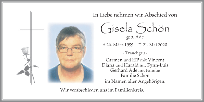  Traueranzeige für Gisela Schön vom 26.05.2020 aus Allgäuer Zeitung, Füssen