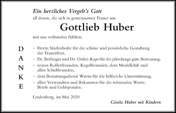 Traueranzeige von Gottlieb Huber von Der Westallgäuer