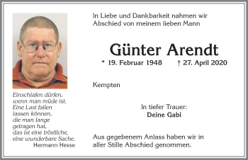 Traueranzeige von Günter Arendt von Allgäuer Zeitung,Kempten