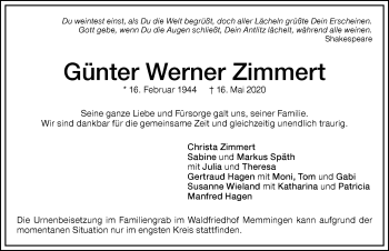 Traueranzeige von Günter Werner Zimmert von Memminger Zeitung