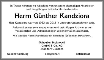 Traueranzeige von Günther Kandziora von Allgäuer Zeitung, Marktoberdorf