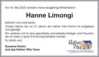 Traueranzeige von Hanne Limongi von Memminger Zeitung