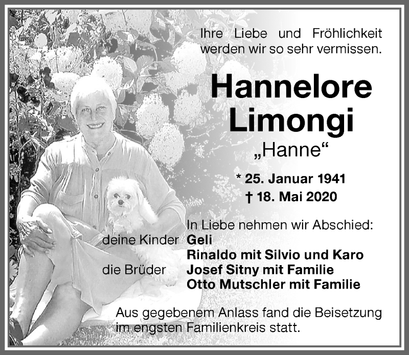  Traueranzeige für Hannelore Limongi vom 28.05.2020 aus Memminger Zeitung