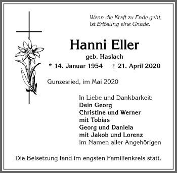 Traueranzeige von Hanni Eller von Allgäuer Anzeigeblatt