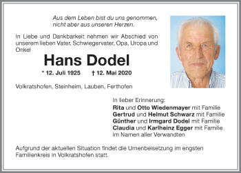 Traueranzeige von Hans Dodel von Memminger Zeitung