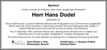 Traueranzeige von Hans Dodel von Memminger Zeitung