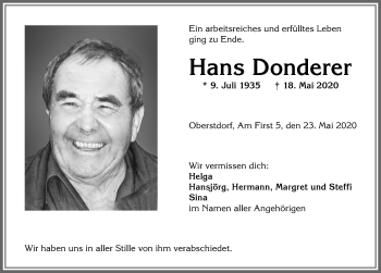 Traueranzeige von Hans Donderer von Allgäuer Anzeigeblatt