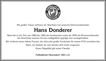 Traueranzeige von Hans Donderer von Allgäuer Anzeigeblatt