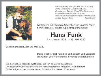 Traueranzeige von Hans Funk von Allgäuer Anzeigeblatt