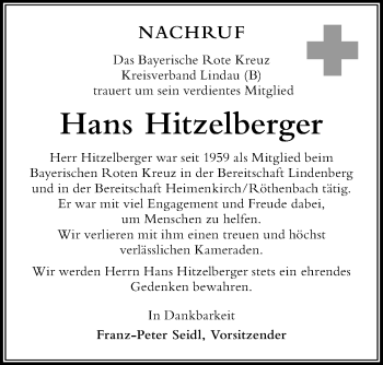 Traueranzeige von Hans Hitzelberger von Der Westallgäuer