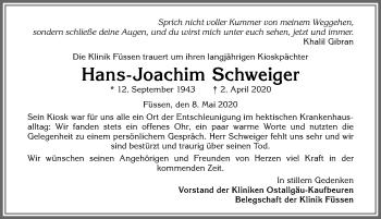 Traueranzeige von Hans-Joachim Schweiger von Allgäuer Zeitung, Füssen