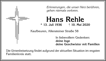 Traueranzeige von Hans Rehle von Allgäuer Zeitung, Kaufbeuren/Buchloe