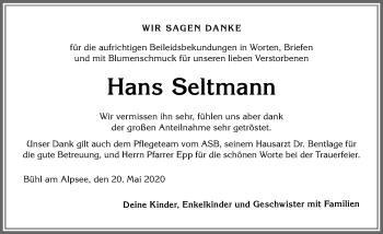 Traueranzeige von Hans Seltmann von Allgäuer Anzeigeblatt
