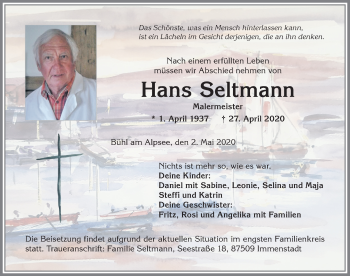 Traueranzeige von Hans Seltmann von Allgäuer Anzeigeblatt