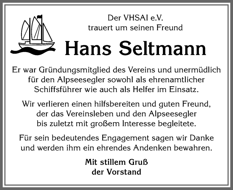  Traueranzeige für Hans Seltmann vom 02.05.2020 aus Allgäuer Anzeigeblatt