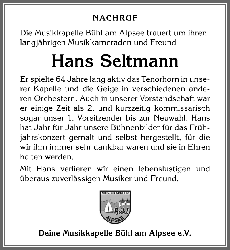  Traueranzeige für Hans Seltmann vom 02.05.2020 aus Allgäuer Anzeigeblatt