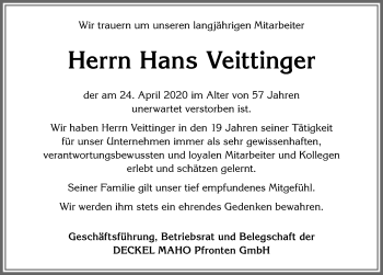 Traueranzeige von Hans Veittinger von Allgäuer Zeitung