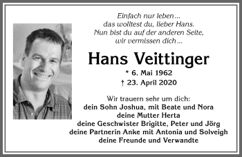 Traueranzeige von Hans Veittinger von Allgäuer Zeitung,Kempten