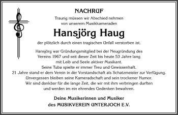 Traueranzeige von Hansjörg Haug von Allgäuer Anzeigeblatt