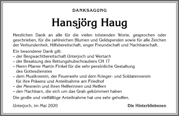 Traueranzeige von Hansjörg Haug von Allgäuer Anzeigeblatt
