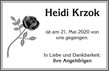 Traueranzeige von Heidi Krzok von Allgäuer Zeitung, Kaufbeuren/Buchloe