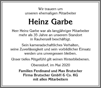 Traueranzeige von Heinz Garbe von Allgäuer Anzeigeblatt