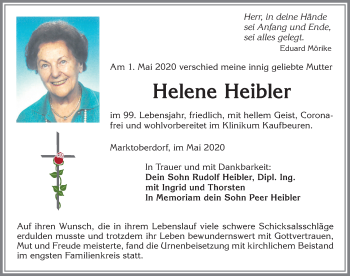 Traueranzeige von Helene Heibler von Allgäuer Zeitung, Marktoberdorf