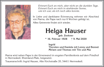 Traueranzeige von Helga Hauser von Allgäuer Zeitung, Kaufbeuren/Buchloe
