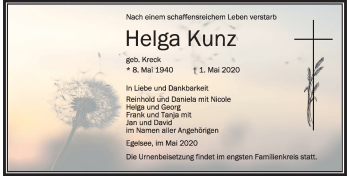 Traueranzeige von Helga Kunz von Memminger Zeitung